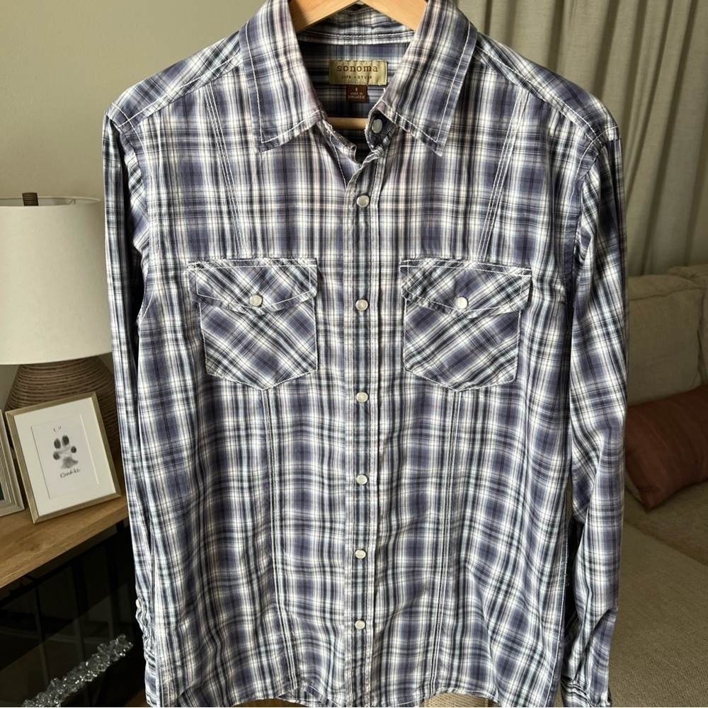 Sonoma Men’s Button Up Shirt Blue Plaid Long Sleeve Western Cowboy Size S
